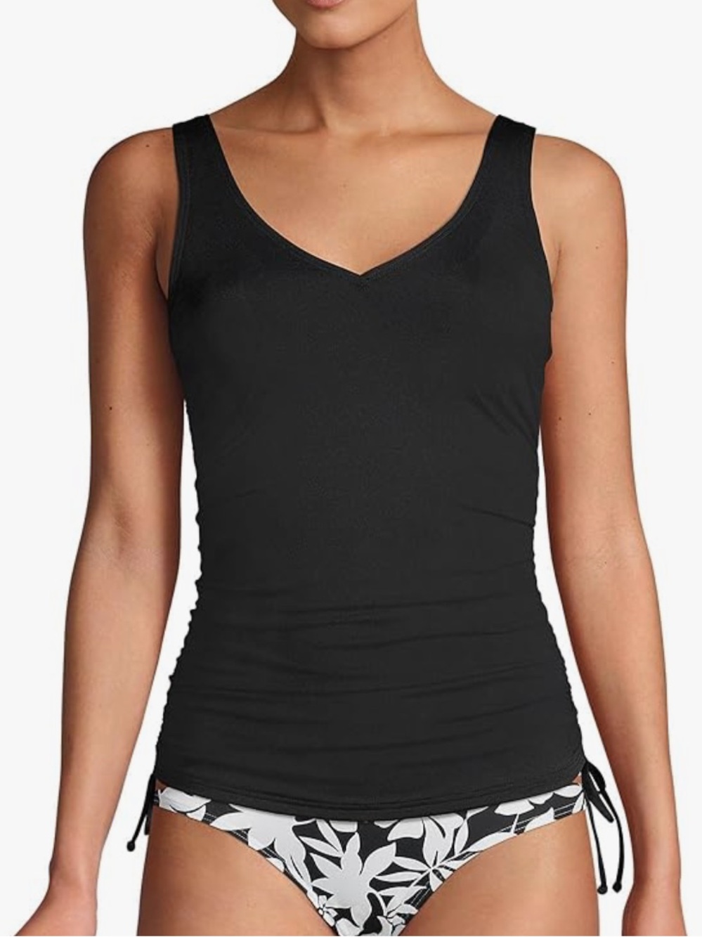 Lands' End Black V-Neck Tankini Top with Floral Bottom